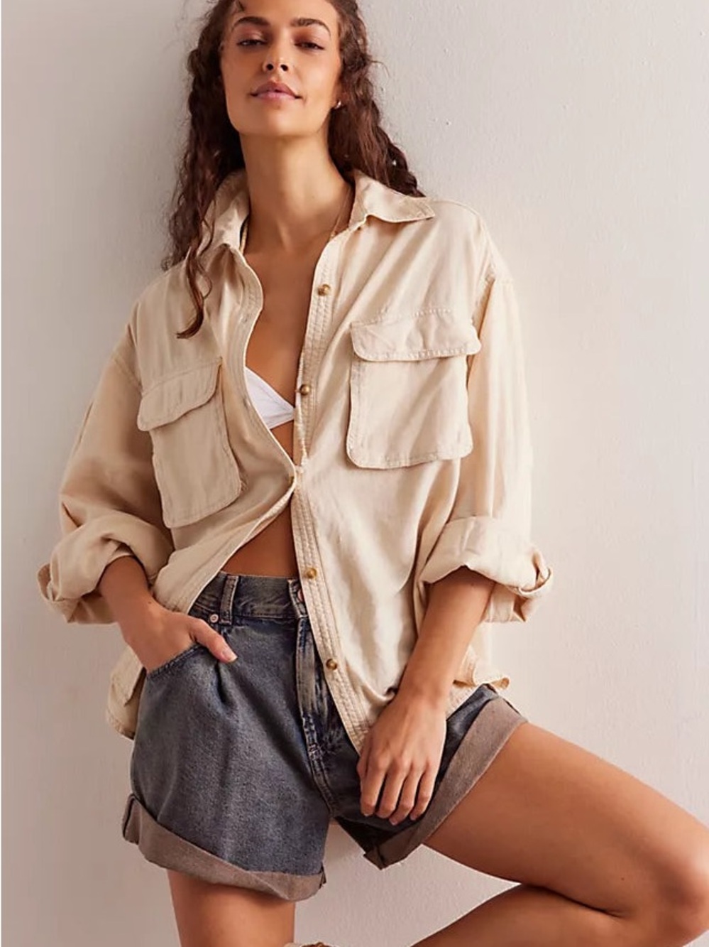Free People Beige Button-Down Oversized Shirt